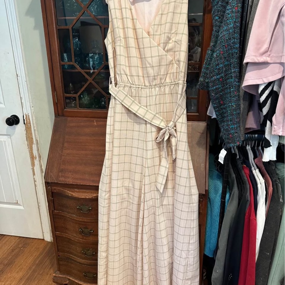 Mia Joy Elegant Cream Pink Plaid Wrap Dress